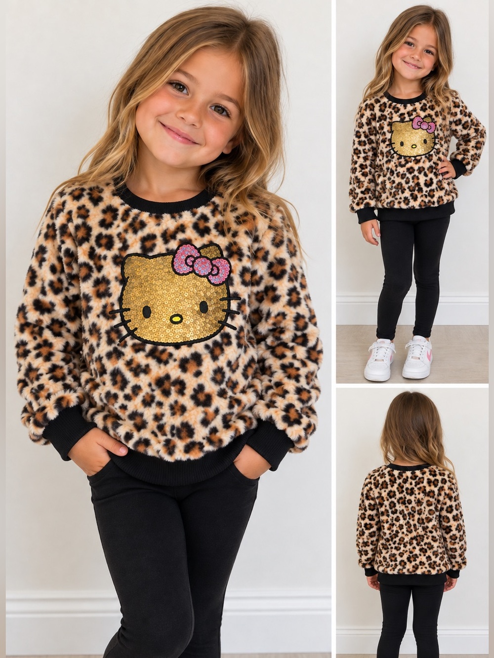 Girls 7 Hello Kitty Fuzzy Leopard Sequin Pullover NWT